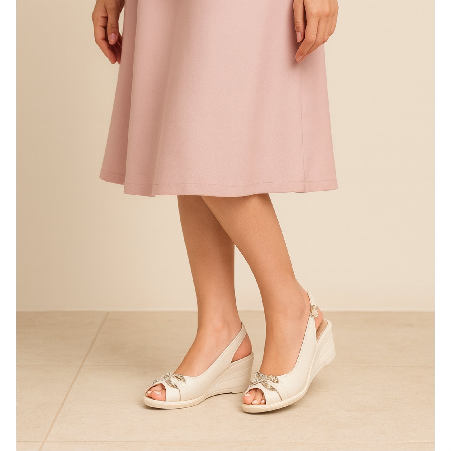 White Wedge Slingback Sandals with Crystal Buckle 102