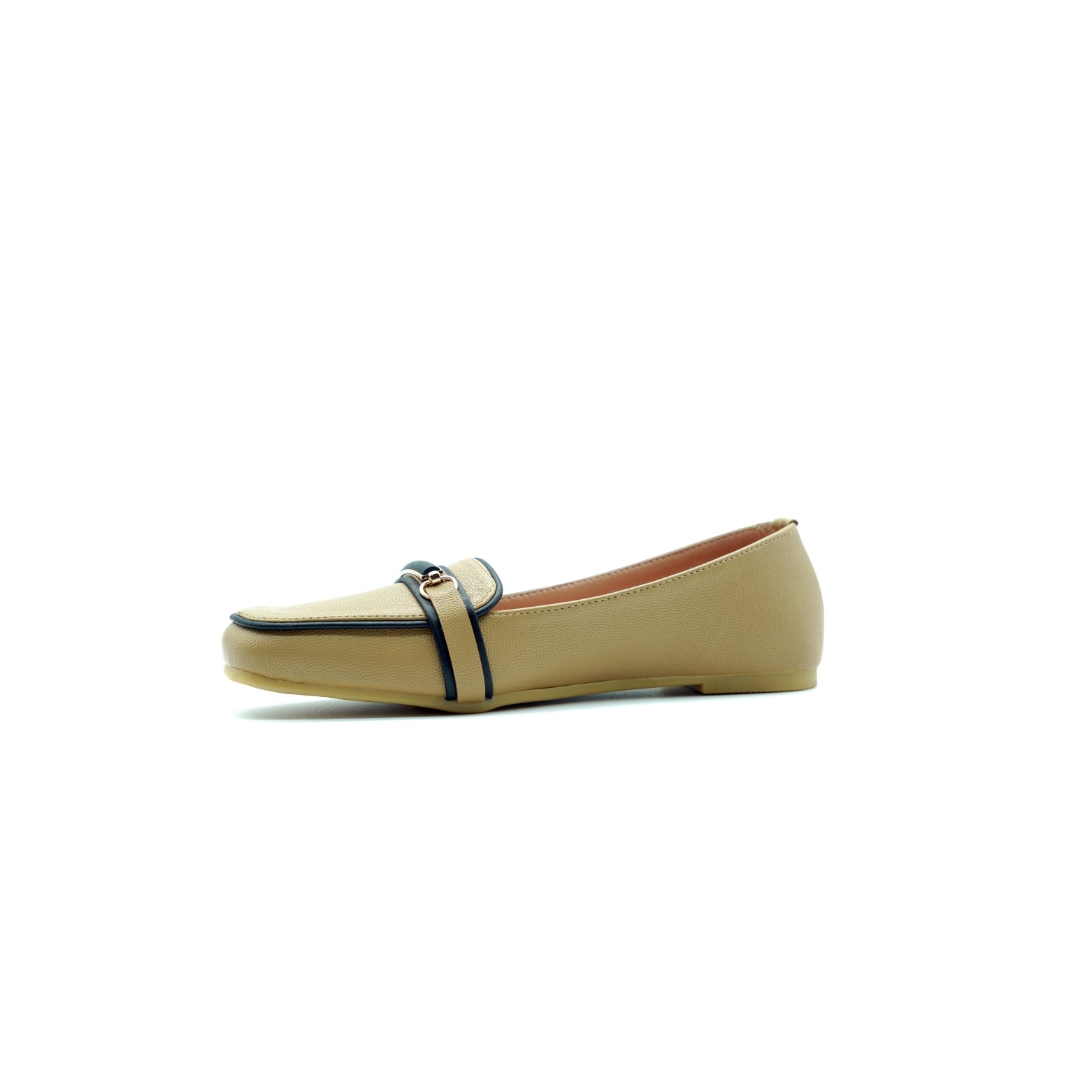 Beige Loafer Flats with Black Trim & Buckle Accent191