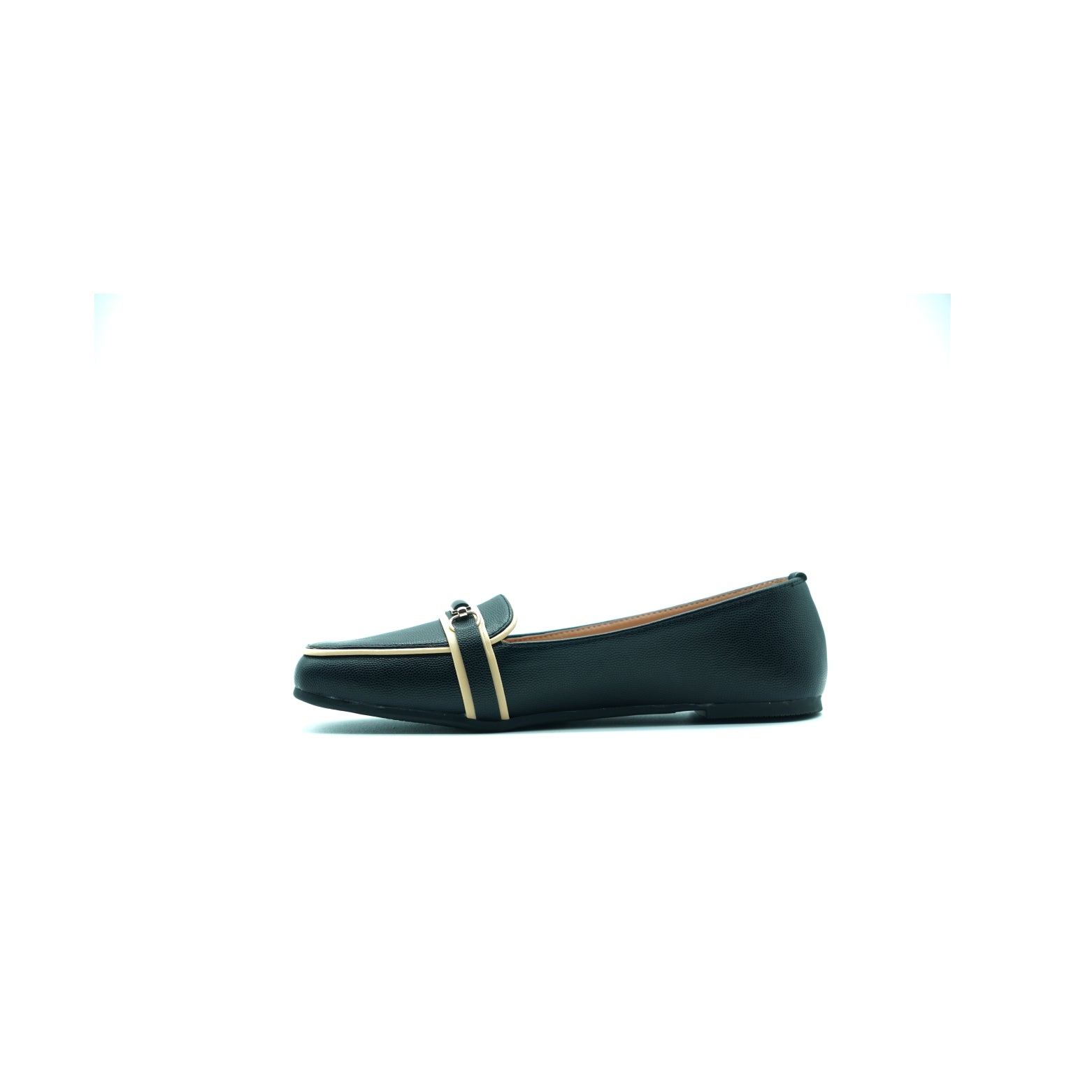 Black Loafer Flats with Beige Trim & Buckle Accent 191