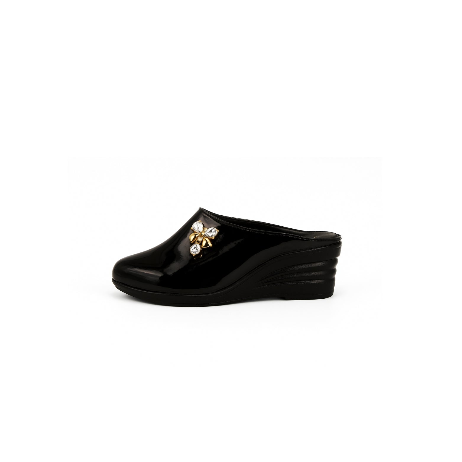 Black Glossy Wedge Mules with Crystal Bow B101