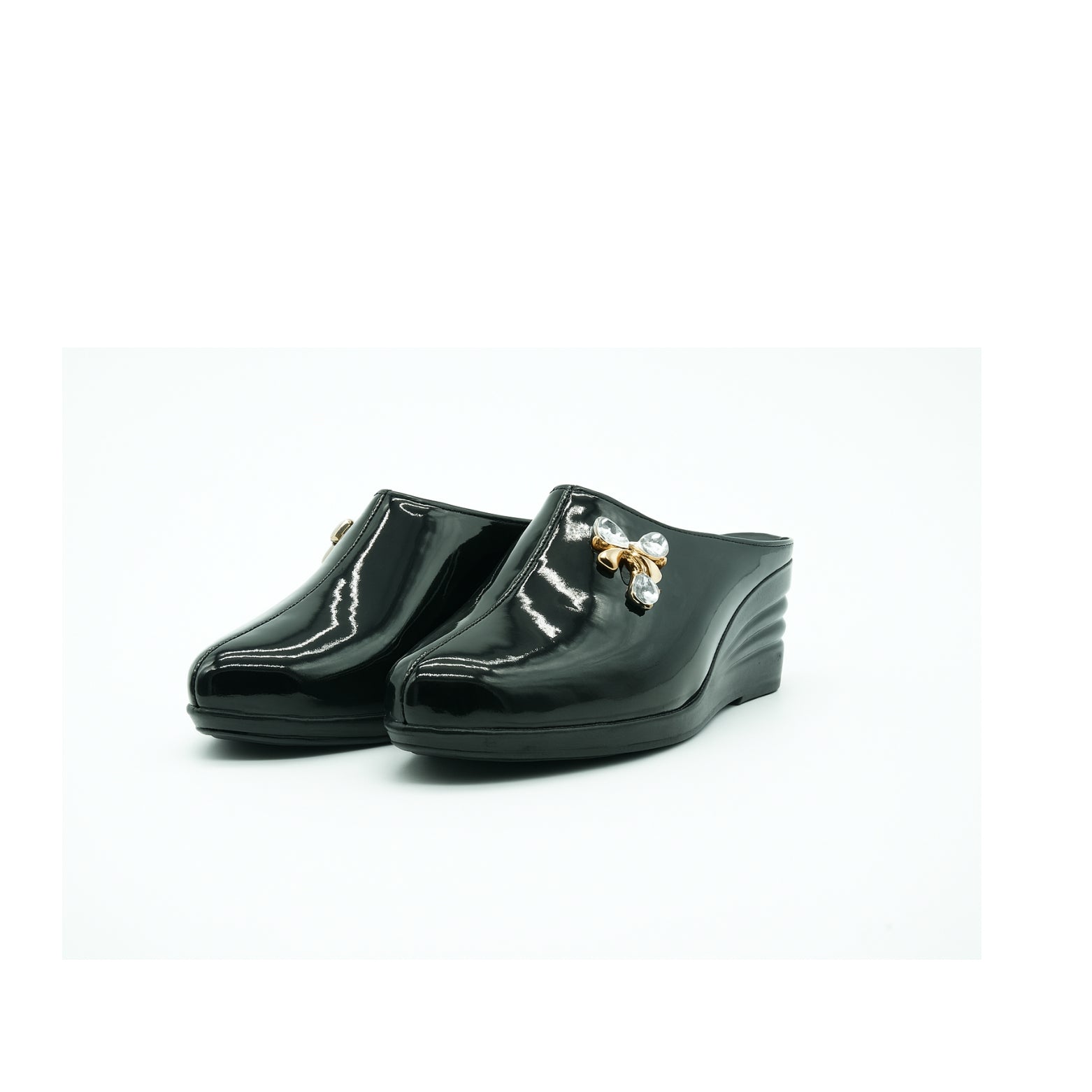 Black Glossy Wedge Mules with Crystal Bow B101