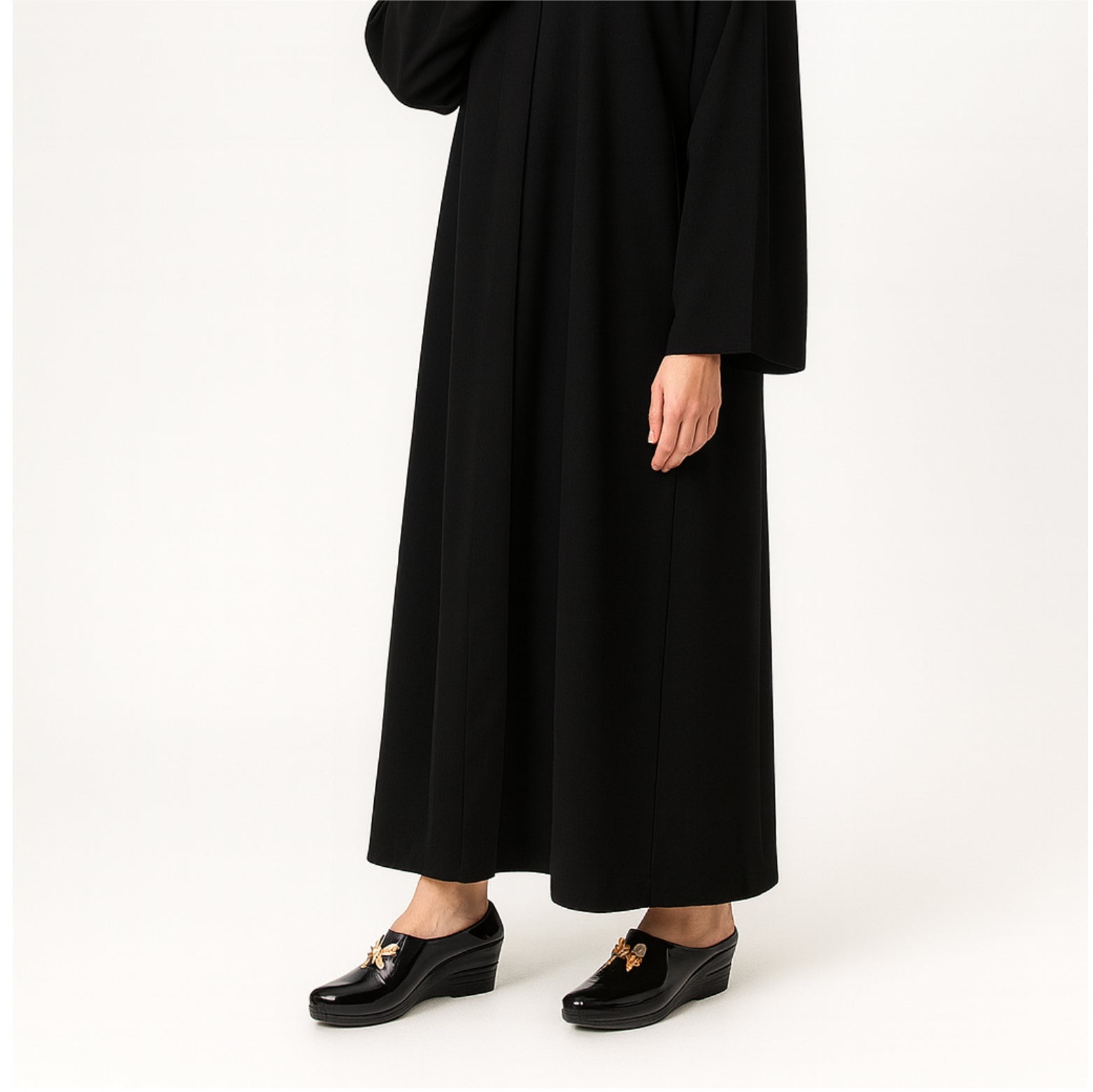 Black Glossy Wedge Mules with Crystal Bow B101