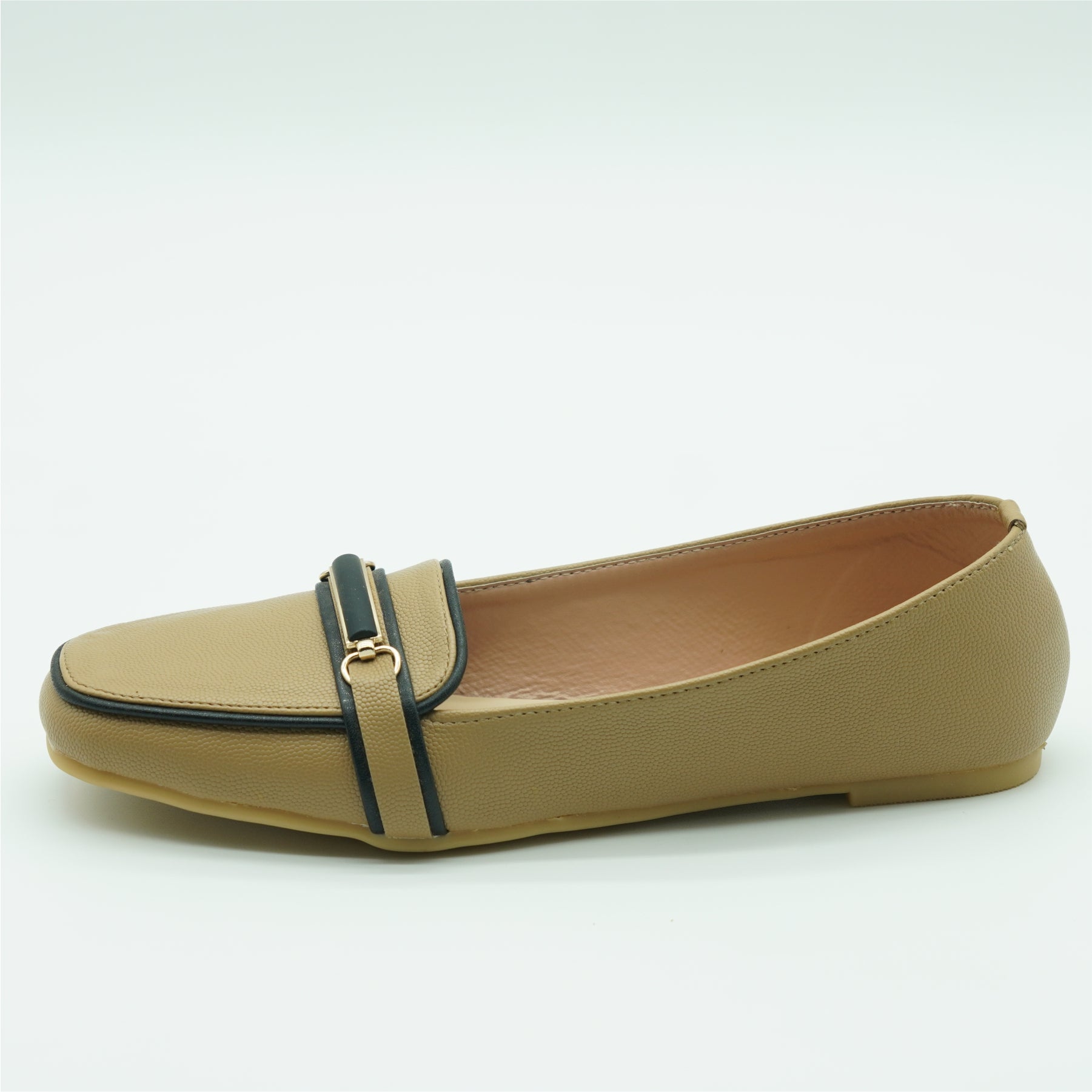 Beige Loafer Flats with Black Trim & Buckle Accent191