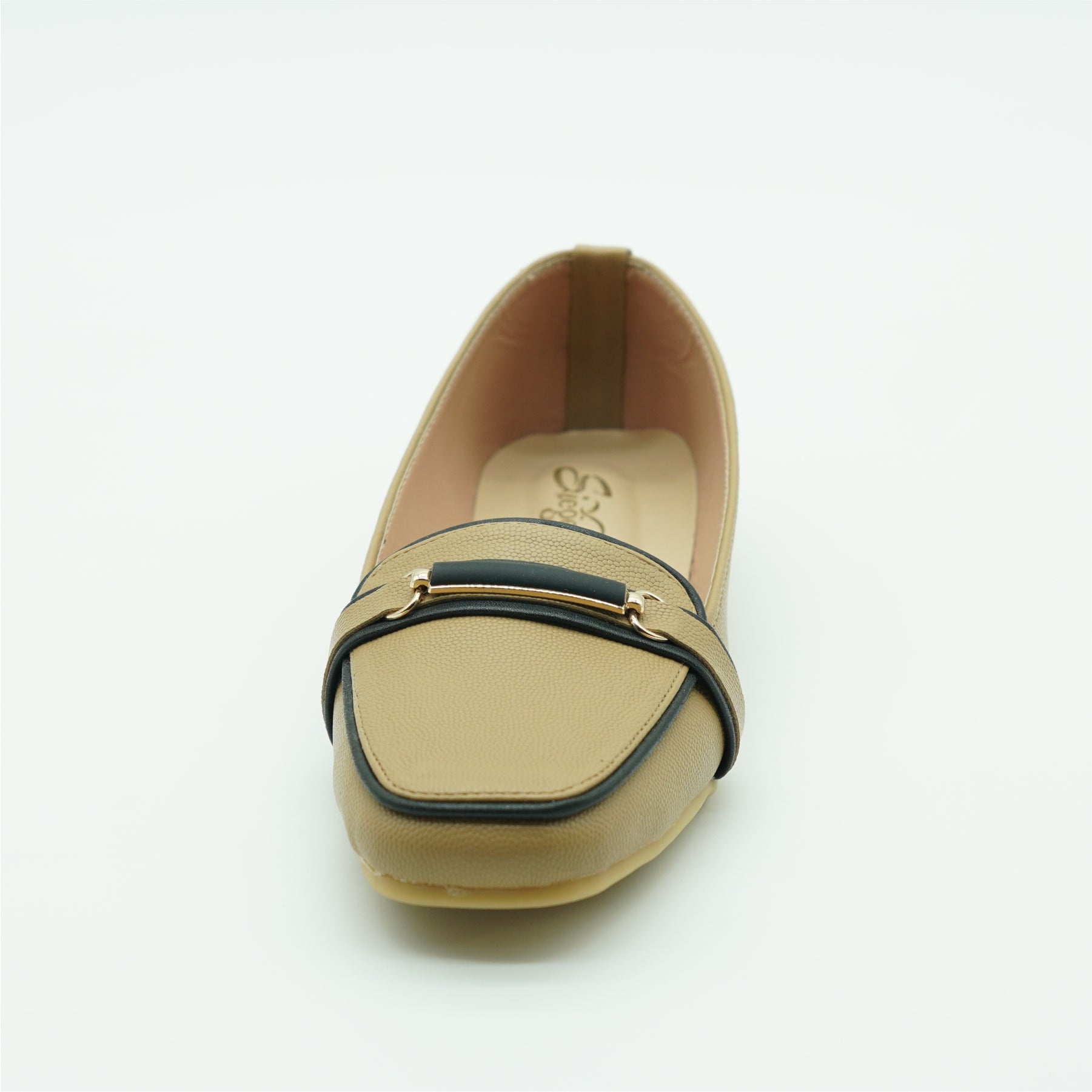 Beige Loafer Flats with Black Trim & Buckle Accent191
