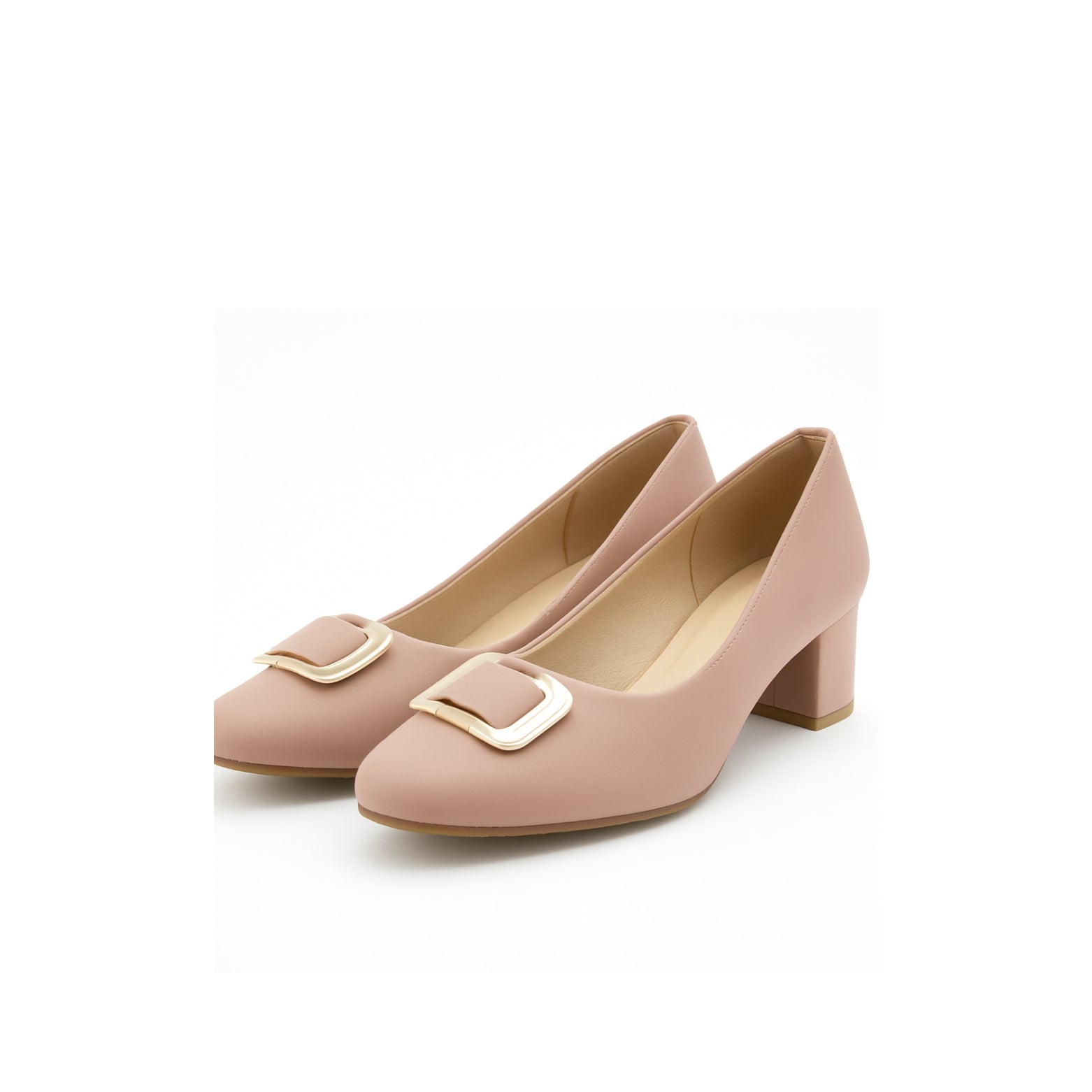Nude Pink Block Heels with Gold Buckle 105