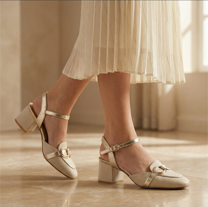 Elegant Gold Buckle Slingback Block Heels SK 0188