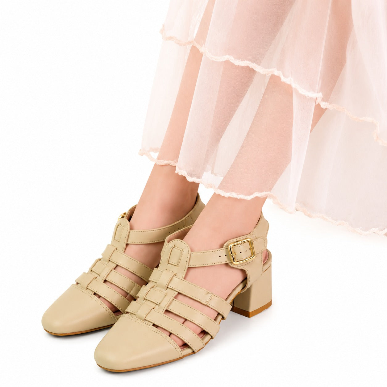 Beige Strappy Block Heel Sandals WH47125