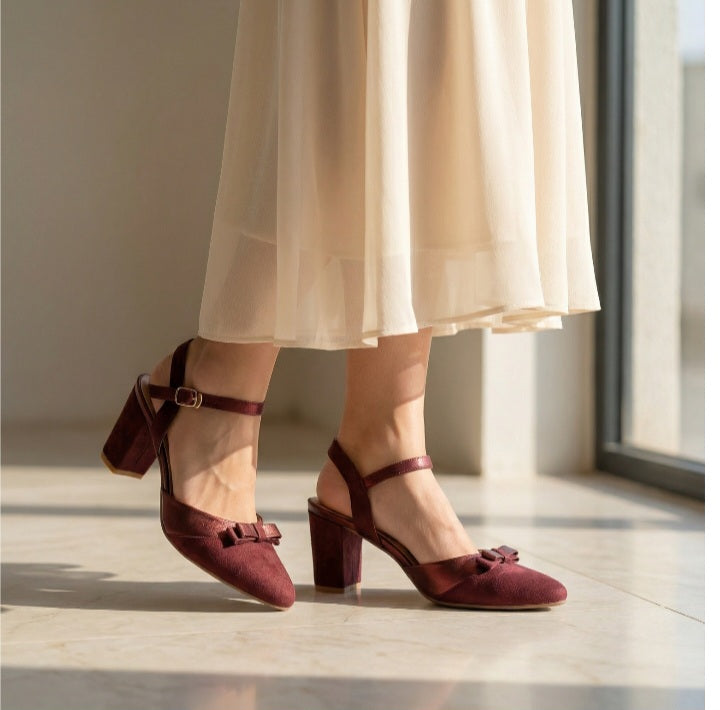Maroon Block-Heel Bow Sandals MR0176