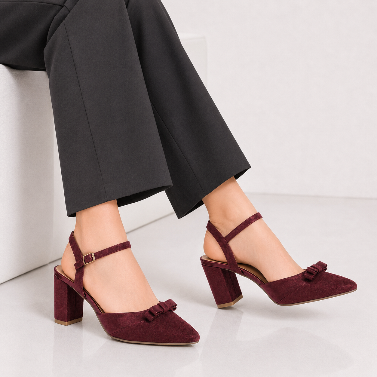 Maroon Block-Heel Bow Sandals MR0176