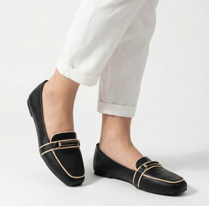 Black Loafer Flats with Beige Trim & Buckle Accent K191