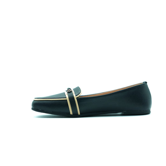 ⚫ Black Loafer Flats with Beige Trim & Buckle Accent